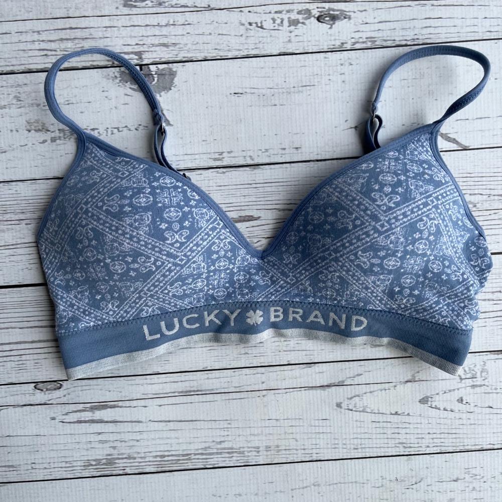 Lucky Brand Womens Blue Bandana‎ Paisley Bralette Wireless Logo Band Bra 34B